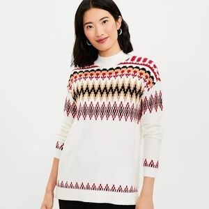 Loft White Winter Holiday Print Mock Neck Sweater